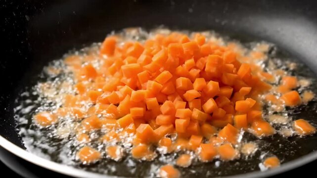 Raw diced carrot falling into hot oil in a frying pan, cooking process and preparation of fresh healthy vegetables