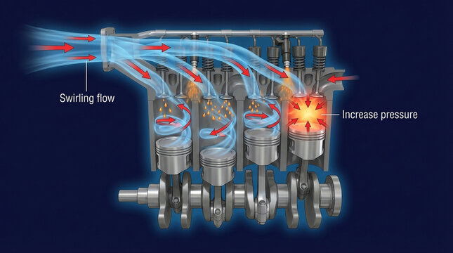 Animated cross-section of a four-cylinder internal combustion engine showing swirling flow and combustion