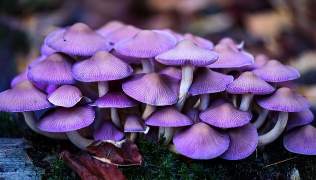 A Stunning Overhead Close Up Of A Dense Cluster Of Purple Or Lilac Colored Wild Mushrooms Likely A Species Of Laccaria Or Cortinarius