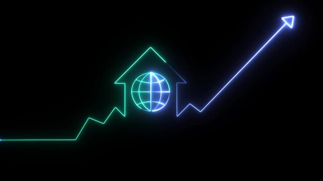 Home icon house sign neon lights animation with up arrow earth globe icon. Neon House, home building animation. Neon home business graph icon animation. Globe  Cool linear animated home icon. House ic