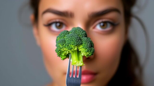 Young woman with a disgusted expression holds broccoli in front of her face with a fork. Concepts, healthy eating, vegetarian diet, dislike, picky eater