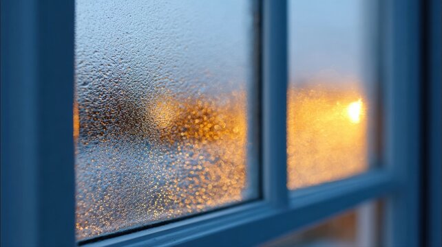 Nahaufnahme einer besch&auml;digten Doppelglasfensterdichtung mit beschlagenem Kondenswasser und satten Farben