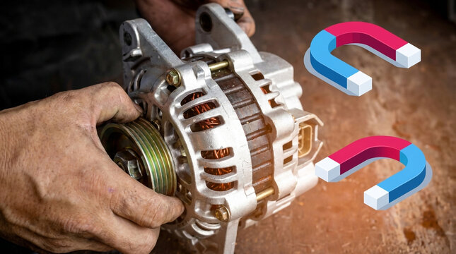Hands Holding Car Alternator with Two Horseshoe Magnets Hovering Above Keywords: car alternator, automotive, engine, mechanic, repair, electricity, power, energy
