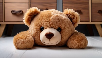 A Fluffy Brown Stuffed Bear With A Friendly Expression Lies On A Soft White Textured Surface With Wooden Drawers In Background