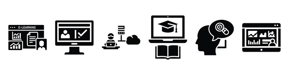 set of minimalist digital online classroom icons. E-learning silhouette vector icon set in black color and white background