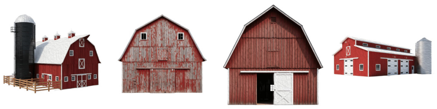 Set of traditional red wooden barns and farm buildings with silos isolated on white background