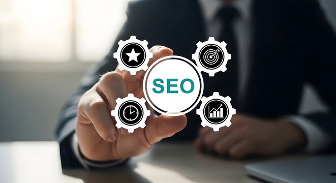 A businessman presenting seo optimization strategies and techniques for online search engine ranking and digital marketing