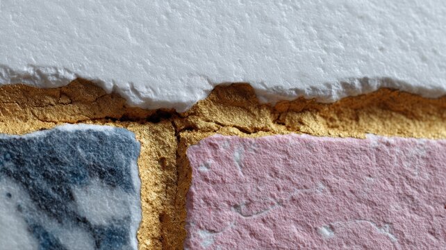 Nahaufnahme von br&ouml;ckelndem Fliesenfugenm&ouml;rtel mit fehlenden Linien und dunklen L&uuml;cken in leuchtenden Farben f&uuml;r die Bauindustrie