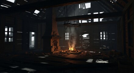 Rustic Fireplace Ignites Warmth in Abandoned Cabin Interior