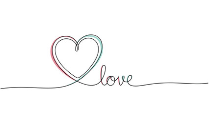 Fototapeta premium Minimalist single line drawing featuring a heart shape that continues into the word love with subtle blue and red color accents.