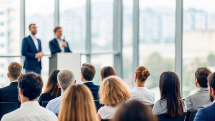 Obraz premium Business conference with diverse audience. Two men in suits speaking at podium. Modern office setting with large windows and city view.