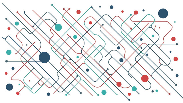 Complex abstract network design featuring intersecting lines and various sized colorful dots representing connectivity and data systems.