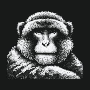 Detailed Portrait of a Japanese Macaque Monkey in Black and White.