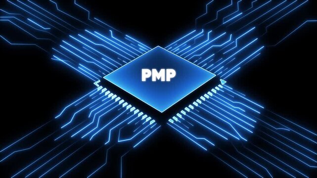 Project Management P M P Certification Concept with Blue Circuit Board and Glowing Lines on Black Background