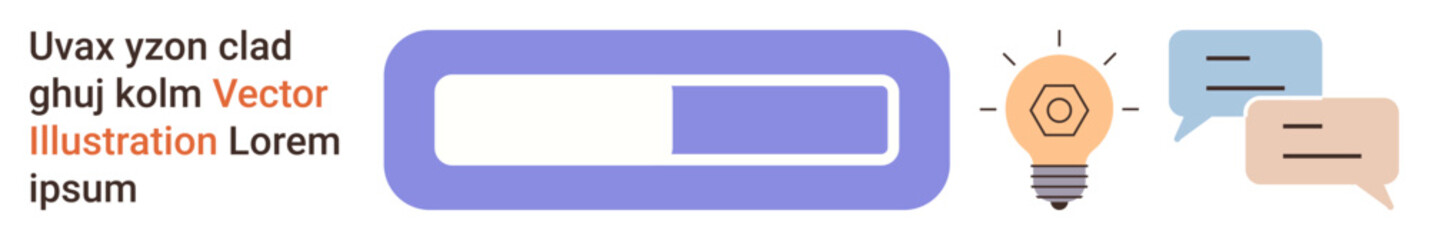 Obraz premium Business workflow, brainstorming, digital communication, idea sharing, technology interface, progress tracking. Purple progress bar, light bulb speech bubbles. Brainstorming and progress tracking