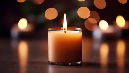 Close Up Of A Lit Candle Against A Dark Blurred Background Creating A Warm And Serene Atmosphere Suitable For Various Themes And Designs