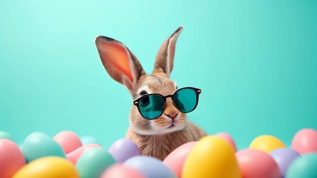 Happy Easter Celebration wallpaper theme Banner, Poster, Greeting Card, Festive Easter design with pastel blue background. Decorated eggs, spring flowers and eater bunnies, Happy Easter holiday