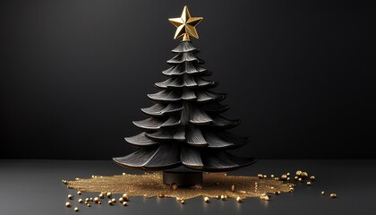 Minimalist Black Christmas Tree Design With A Gold Star On Top And Scattered Golden Decorations On A Dark Background