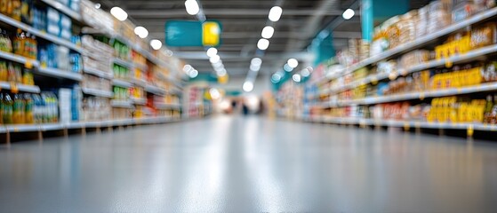 Obraz premium Blurred supermarket aisle with shelves full of goods in a store during daytime with shoppers present in the background moving around the products