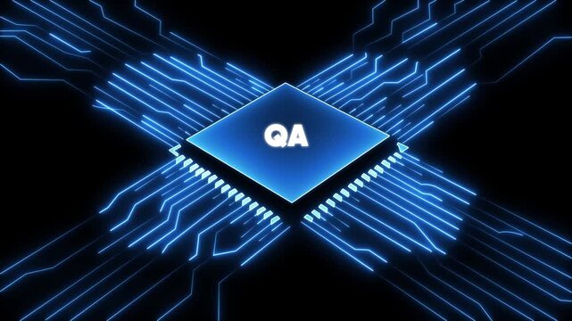 Blue Q A Chip Microchip Circuit Board Background with Glowing Neon Lines Technology Concept