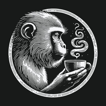 Monkey Sipping Coffee: A Moment of Contemplation in Monochrome.