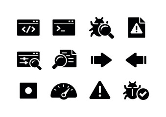 Developer Tools Icons. Debugging code on screen. Solid icon set of developer tools: code editor, terminal console, debugger icon, error log, variable