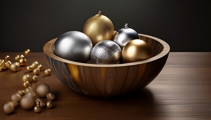 Luxury Still Life With Silver And Gold Metallic Fruits In Wooden Bowl