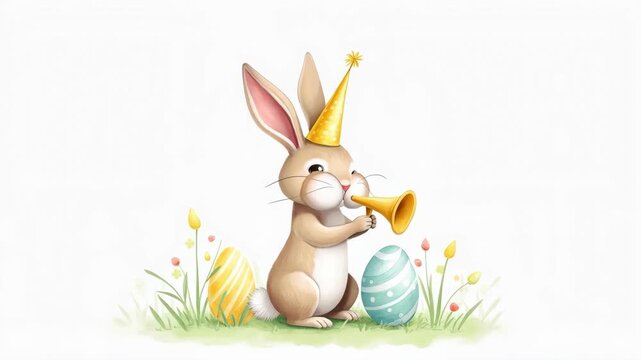 Bunny wearing a party hat and blowing a horn. watercolor illustration. easter day clipart. 
