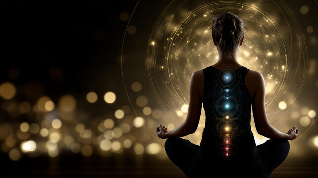 Faceless woman meditating with seven chakras, defocused surrounded by golden energy field, spiritual practice, energy centers alignment, meditation aura, holistic wellness, with