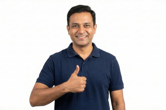 Middle aged Indian man showing thumbs up approval on white background