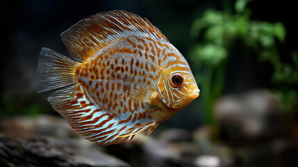 Obraz premium Stunning close-up colorful fish swimming gracefully, defocused clear water, intricate patterns and textures showcasing, beauty and diversity symbol in nature, with copy space