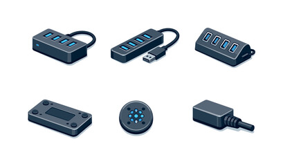 USB hub splitter. Isometric flat vector icons set of USB hub splitter: desktop USB hub, portable USB splitter, USB hub with angled ports, USB