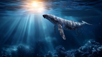 Naklejka premium Magnificent whale rising gracefully towards sunlit ocean surface, defocused freedom essence capturing, calming beauty of underwater life, marine wonder, with copy space
