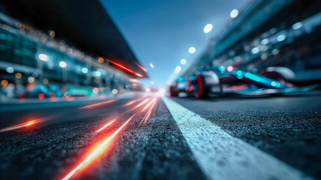 Low-angle view of a wet racetrack pit lane at night with motion blur, glowing lights, and sparks, capturing speed and motorsport energy