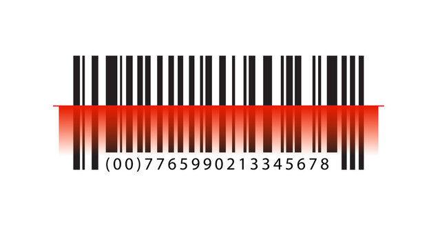 Barcode with leading prefix (00) and numerical code being scanned by a red laser, signifying retail data, product origin, and transaction processing.