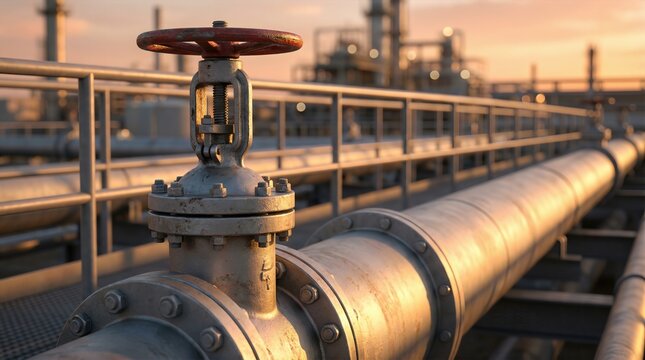 Industrial gate valve with red handle positioned on a large metallic pipeline, surrounded by additional pipes and structures in an oil refinery setting during sunset