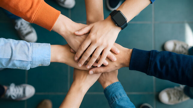 Diverse group of young people stacking hands together above a teal floor symbolizing unified teamwork spirit and shared collaborative goal achievement in a modern setting