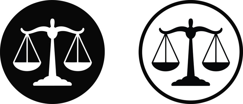 Iconic balanced scales in monochrome circles signify principles of justice and law enforcement