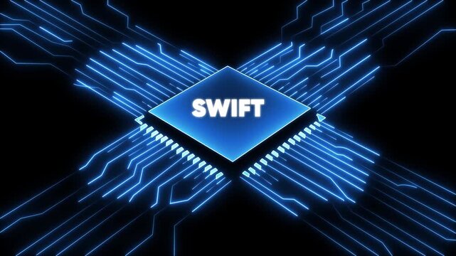Blue Circuit Board with Glowing Lines and S W I F T Text on Microchip swift technology