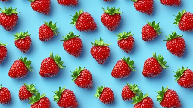 Seamless loop of bright strawberries on a blue background in playful cartoon style.