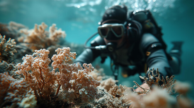 Impressive faceless scuba diver swimming through crystal-clear waters, defocused emphasizing marine life beauty, underwater exploration thrill, aquatic adventure, with copy space