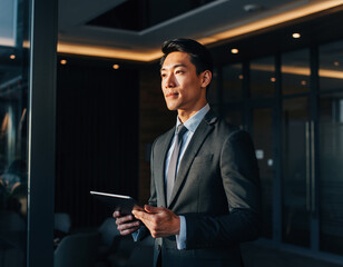 A young Asian businessman in a suit looking out of a window while holding a tablet in a modern office building