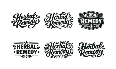 Obraz premium Herbal remedy label typography. Set lettering. harmonious lettering variations of the same emblematic concept, each with different artistic