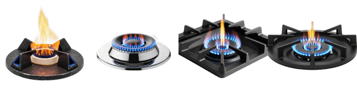 Set of modern gas stove burners with burning blue and orange flames isolated on white background
