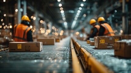Fototapeta premium warehouse logistics scene, spacious modern distribution center, workers in safety vests and helmets checking inventory and cardboard boxes, suitable for logistics company marketing and commercial use