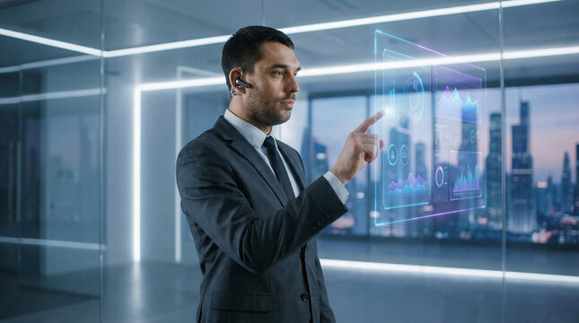 A businessman in a suit interacts with a futuristic virtual interface in a modern office space with a city skyline view.