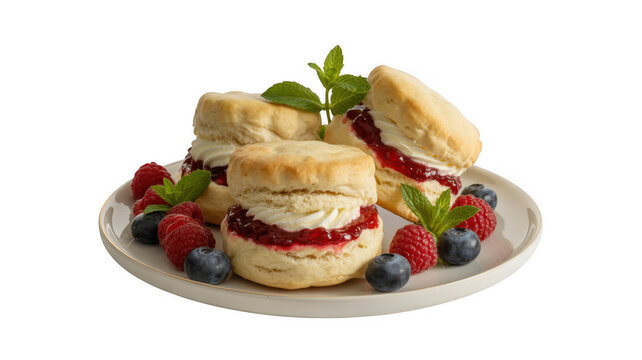 Plate of scones with jam and cream and fresh berries isolated on a transparent background