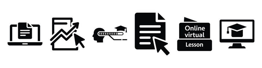 set of minimalist virtual classroom icons. E-learning silhouette vector icon set in black color and white background