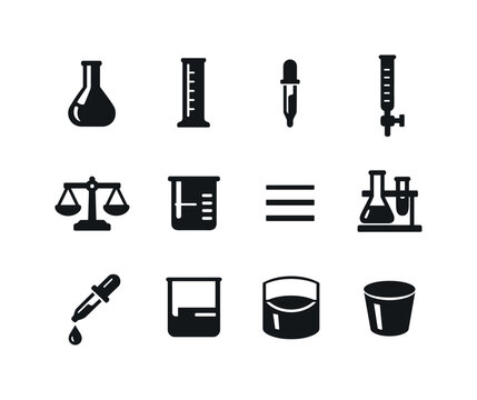 Chemical Measurement Tools. Solid icon set of Chemical Measurement Tools: volumetric flask, graduated cylinder, pipette, burette, balance