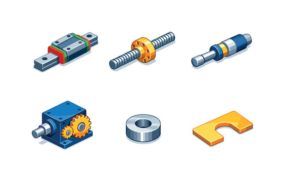 Precision mechanical parts. Isometric flat vector icons set of precision mechanical parts: linear guide rail, lead screw, micrometer spindle,